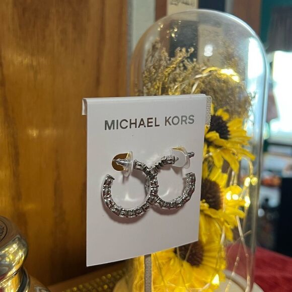 NWT Michael Kors Silver Hoop With Crystal Stations Earrings #TSER - Picture 5 of 8
